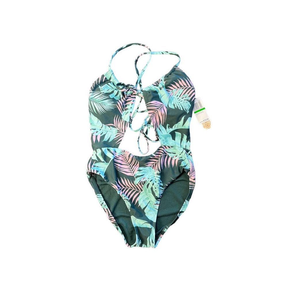 NEW GB Gianni Bini One Piece Tropical Swimsuit Size L Green Pink Paradise Leaves